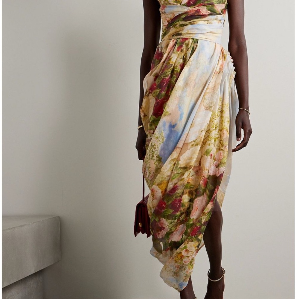 Zimmermann Yellow and Green Asymmetrical Wrap Gown with One Shoulder Neckline